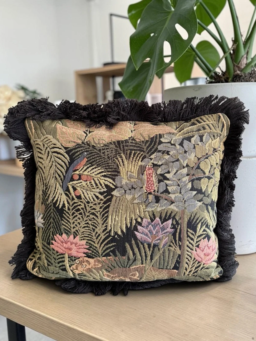 Vintage Black Floral and Animal Tapestry Accent Pillow